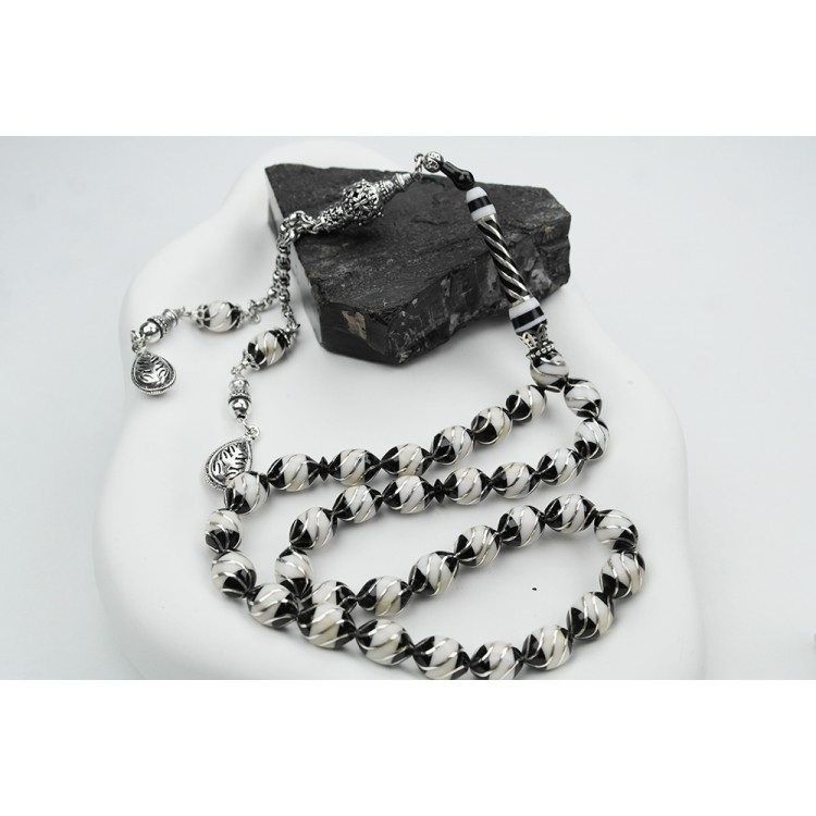 Jet Stone White Galalith Rosary with Embroidered Six-Piece Fountain Nightingale