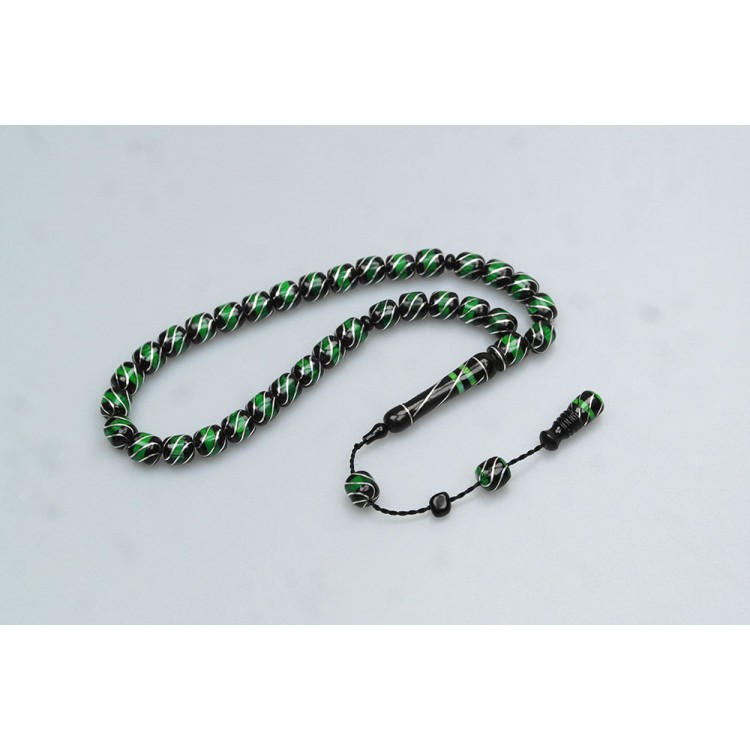 Oltu Stone and Green Galalith Fountain Nightingale Engraved Rosary Oltu Stone and Green Galalith Fountain Nightingale Engraved Rosary