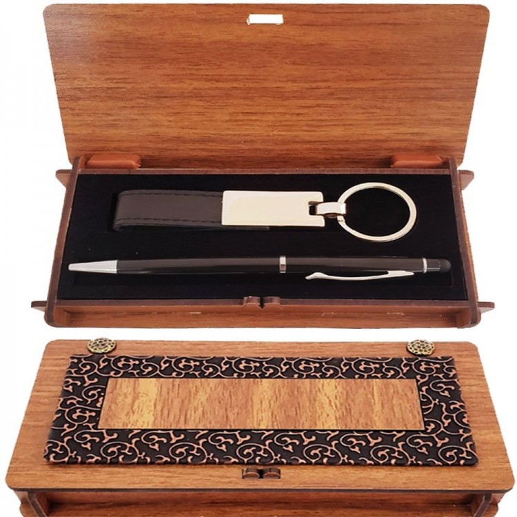 Black Pen and Keychain Wooden Box Set