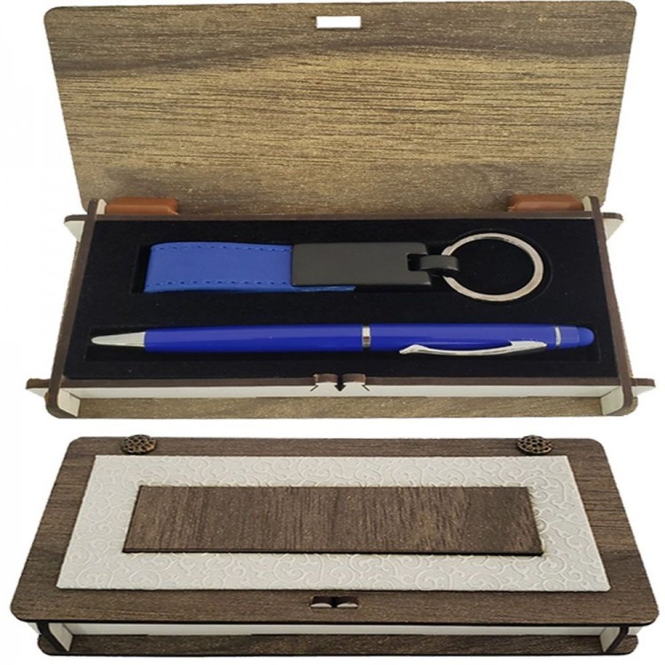 Wooden Box Blue Pen Keyring Set