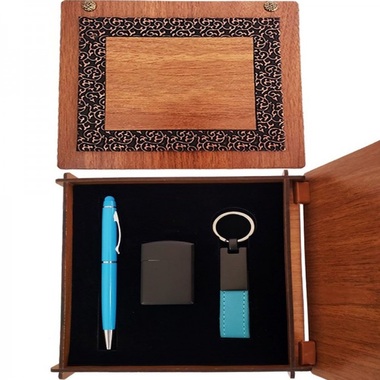 Wooden Box Lighter and Blue Pen Keyring Set Wooden Box Lighter and Blue Pen Keyring Set