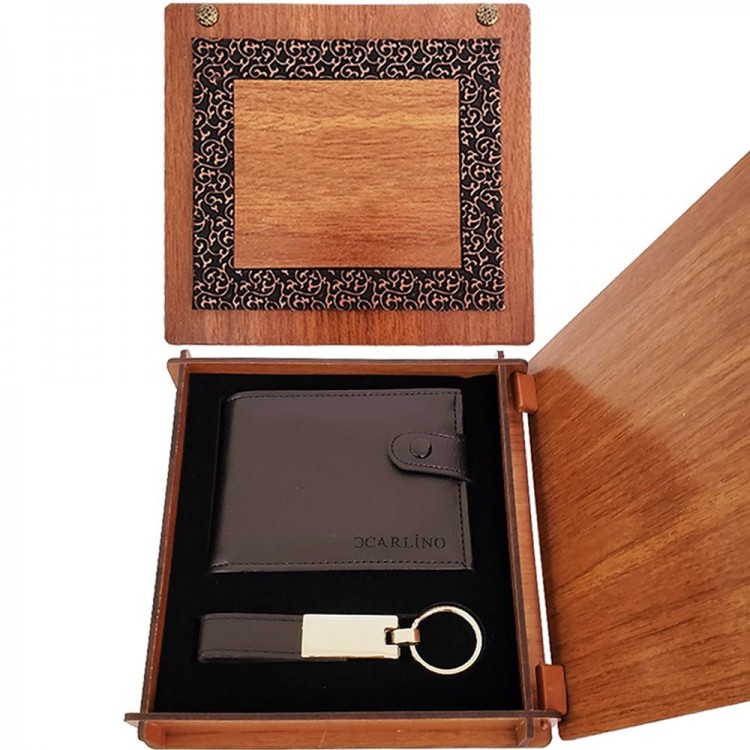 Leather Wooden Box Wallet and Keychain Set