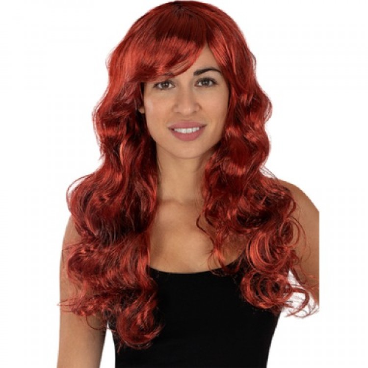Red Color Wavy Long Party Wig with Bangs