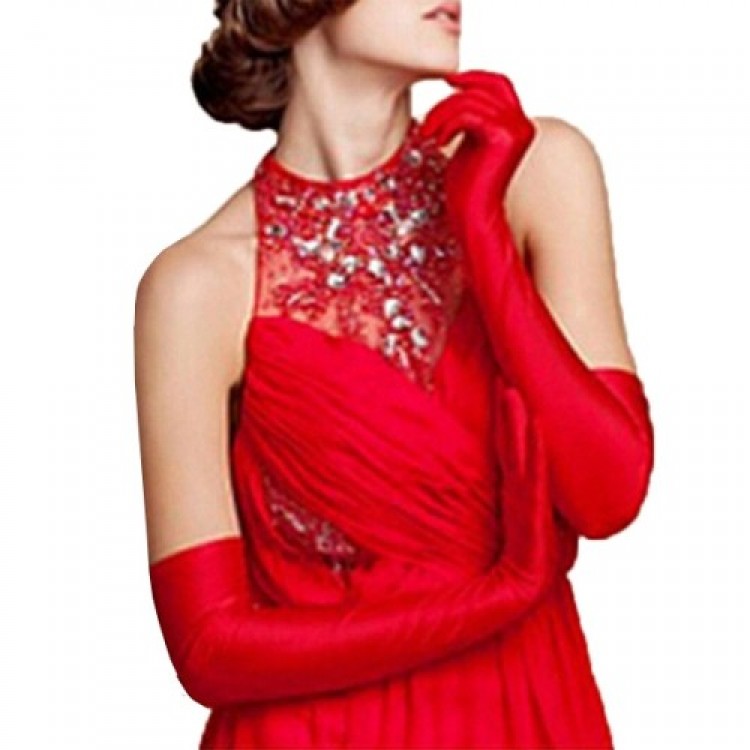 Red Satin Evening Gloves