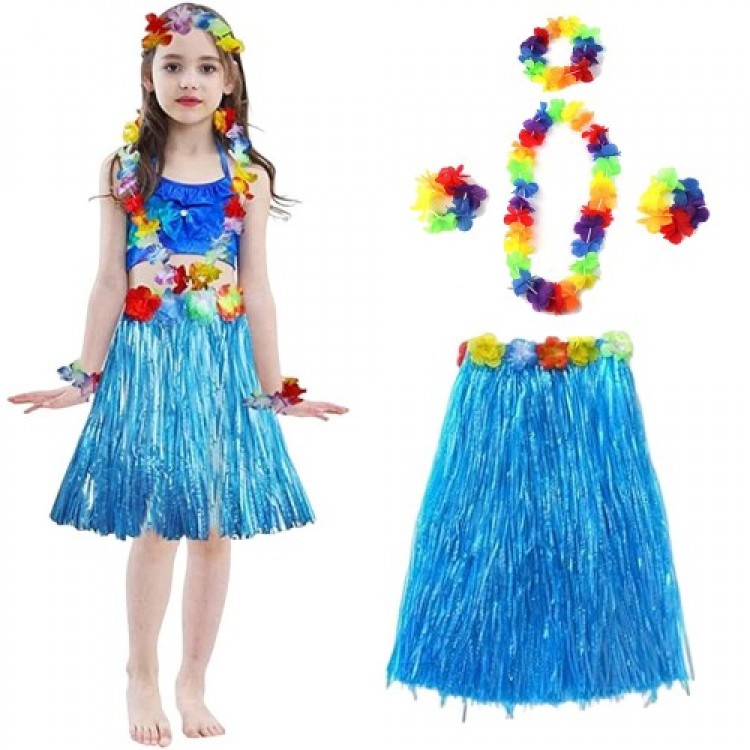Adult and Child Compatible Hawaiian Luau Aloha Blue Tassel Skirt Necklace Crown and 2 Bracelet Set Adult and Child Compatible Hawaiian Luau Aloha Blue Tassel Skirt Necklace Crown and 2 Bracelet Set
