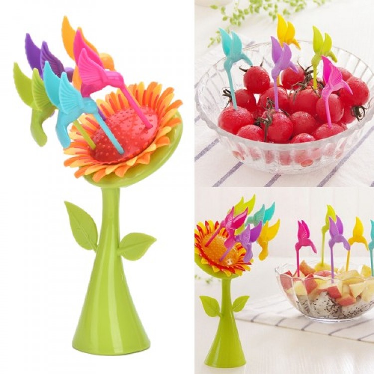 Plastic Fruit Fork Sunflower 5 Birds Fork Set