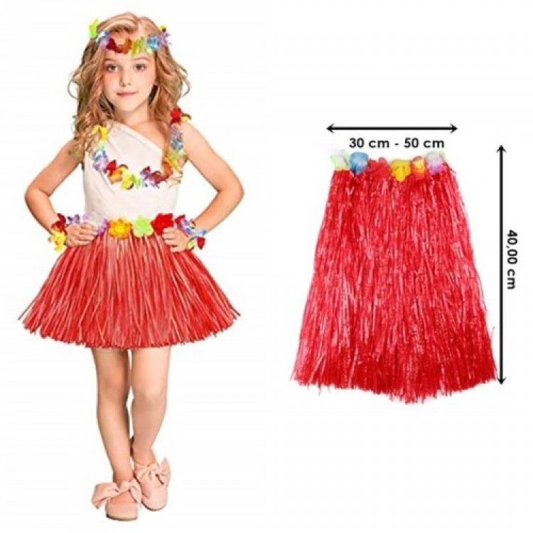 Hawaiian Hula Skirt Red Color 40 cm Hawaiian Hula Skirt Red Color 40 cm