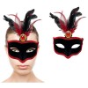 Red Feathered Black Suede Covered Party Mask