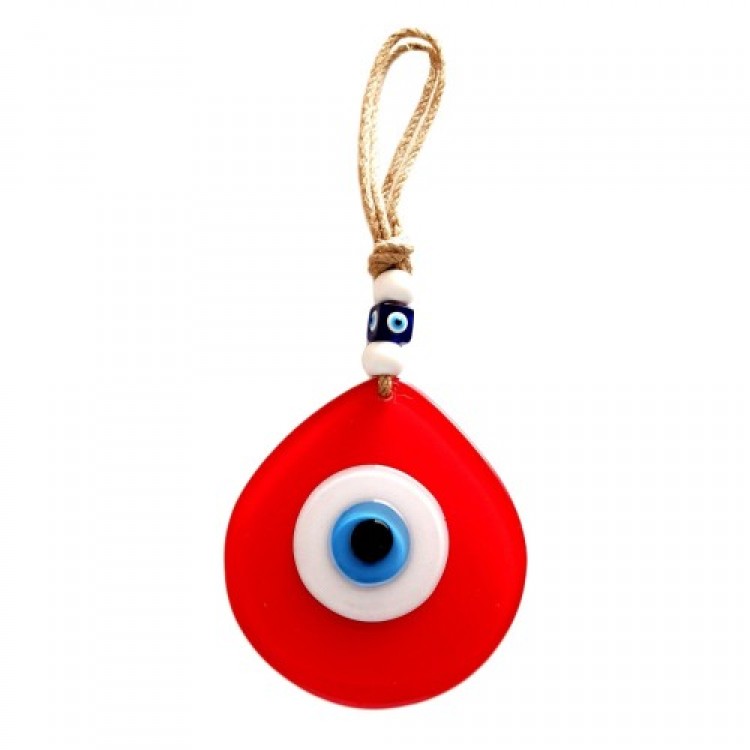 Handmade Glass Wall Decoration with Nazar Beads, Drop Design, Pomegranate Flower Color