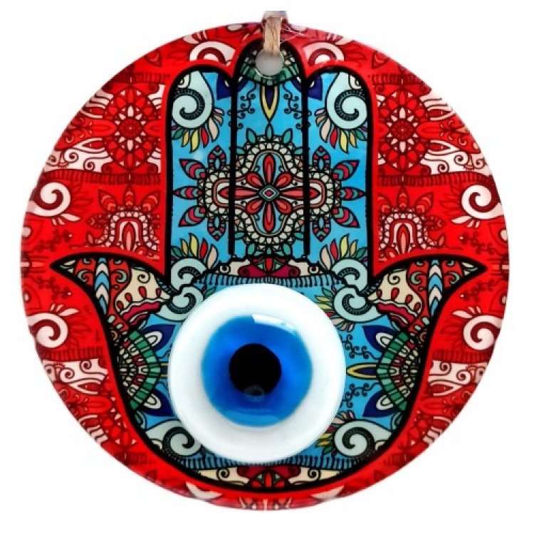 Fatma Ana's Hand of Prosperity Patterned Evil Eye Beaded Red Wall Decoration Fatma Ana's Hand of Prosperity Patterned Evil Eye Beaded Red Wall Decoration