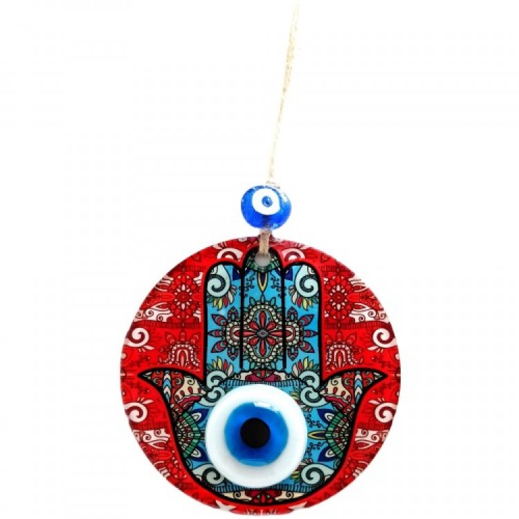 Fatma Ana's Hand of Prosperity Patterned Evil Eye Beaded Red Wall Decoration