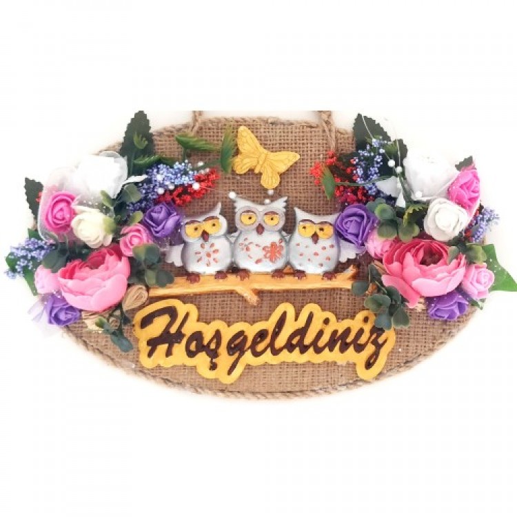 Owl Family Welcome Handmade Door Decoration with Floral Design Owl Family Welcome Handmade Door Decoration with Floral Design