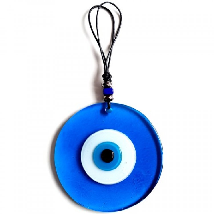 Handmade Leather Cord Open Blue Transparent Glass Wall Decoration with Evil Eye Beads