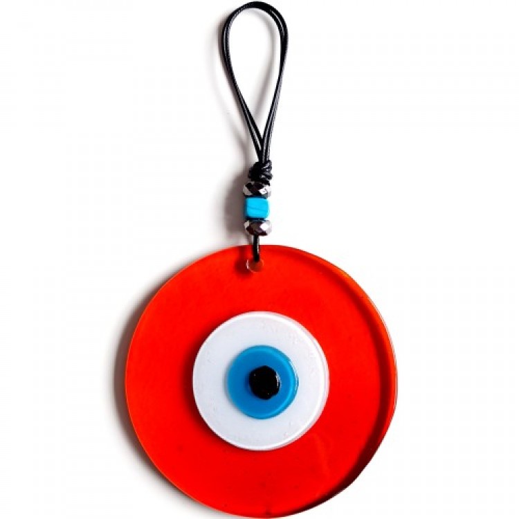 Handmade Leather Cord with Blue Nazar Beads, Orange Color, Transparent Glass Wall Decoration