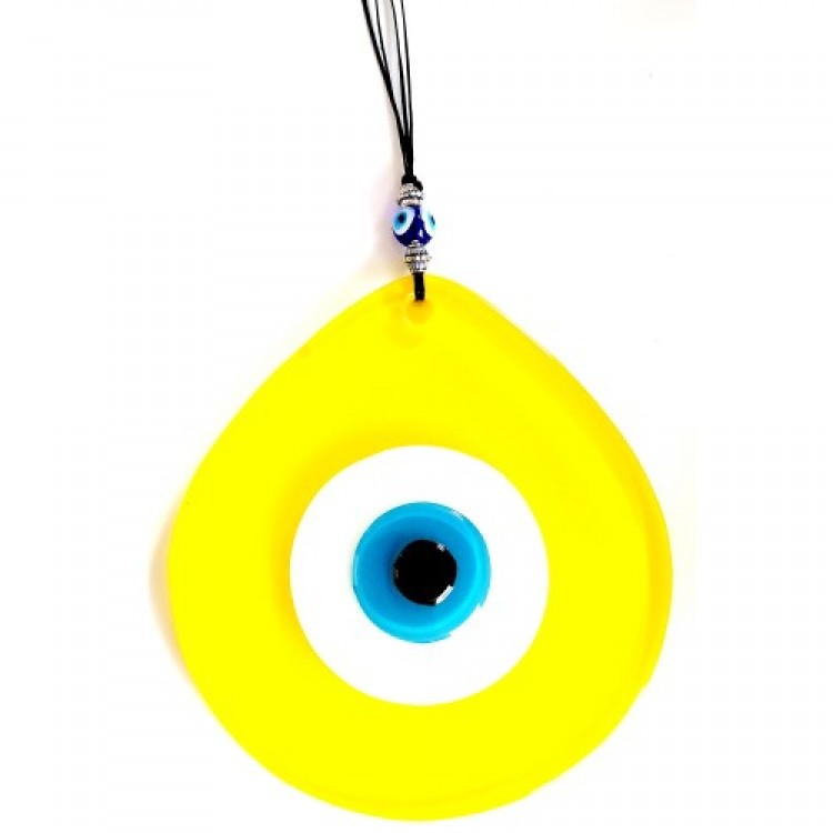 Handmade Wall Decoration with Blue and Yellow Nazar Beads in Teardrop Pattern