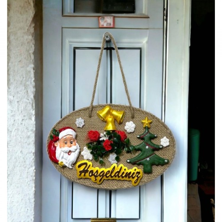 Handmade Christmas Door Decoration with Pine Tree, Santa Claus, and Welcome