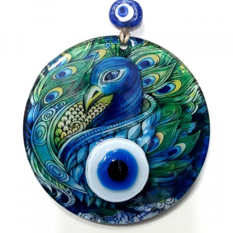 Peacock Patterned Fused Glass Evil Eye Beaded Handmade 12-Centimeter Diameter Wall Decoration