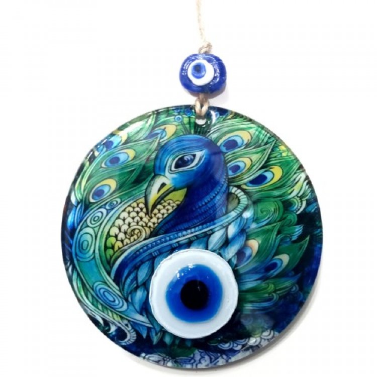 Peacock Patterned Fused Glass Evil Eye Beaded Handmade 12-Centimeter Diameter Wall Decoration