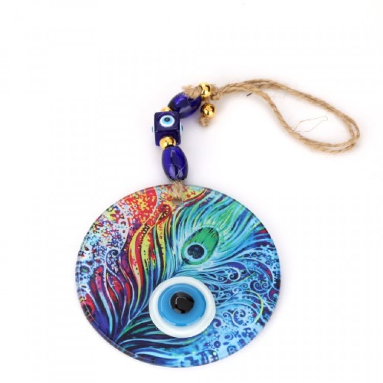 Fusion Glass Peacock Feather Pattern 12 cm Evil Eye Beaded Handmade Wall Decoration Amulet Fusion Glass Peacock Feather Pattern 12 cm Evil Eye Beaded Handmade Wall Decoration Amulet
