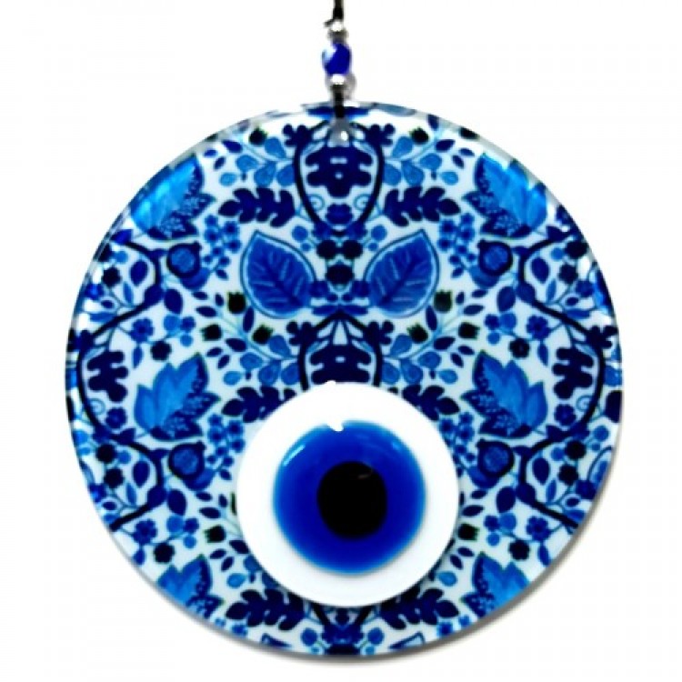 Handmade Glass Evil Eye Bead with Leaf Pattern Glass Wall Decoration with Leaf Pattern