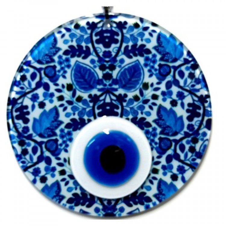 Handmade Glass Evil Eye Bead with Leaf Pattern Glass Wall Decoration with Leaf Pattern