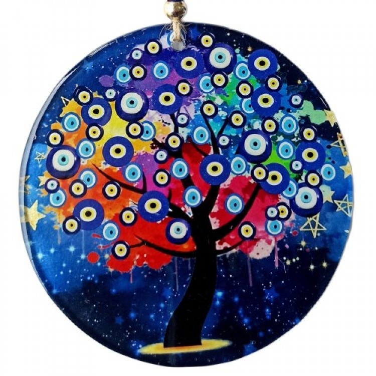 Evil Eye Bead Patterned Tree of Life Fused Glass Wall Decoration