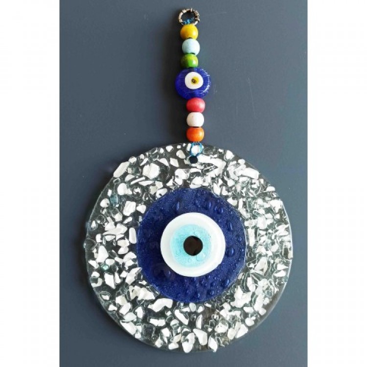 Blue Nazar Beaded White Cut Glass Patterned Wall Decoration Nazar