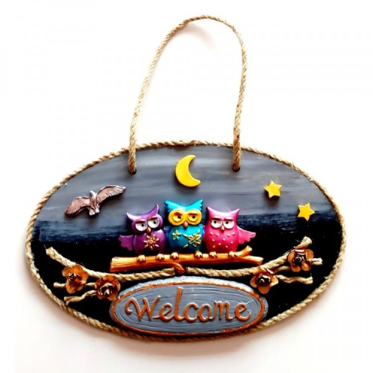 Handmade Door Decoration with Colorful Owl and "Welcome" Written on It
