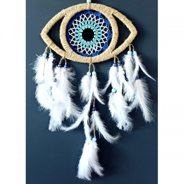 Handmade Dream Catcher Wall Decoration with Bird Feathers and Eye-Shaped Nazar Boncuk Motif