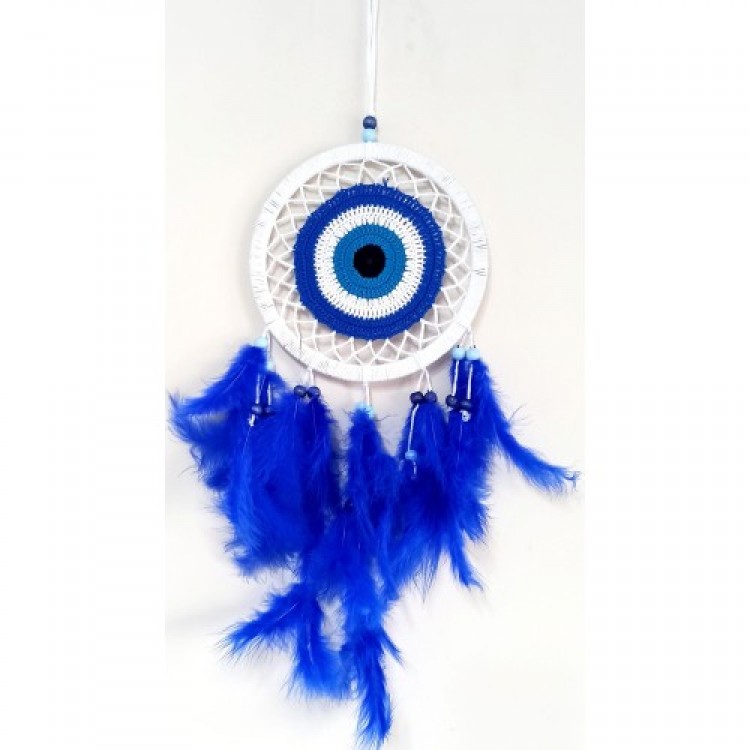 Saks Blue Feathered Dream Catcher with Evil Eye Bead Motif Wall Decoration