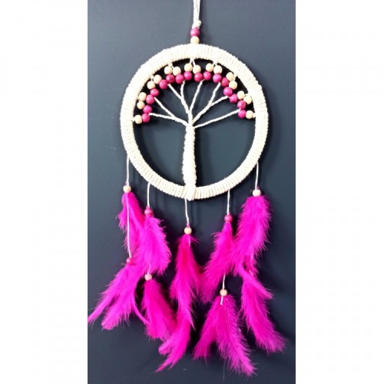 Fuchsia Bird Feathered Tree of Life Dream Catcher Wall Decoration