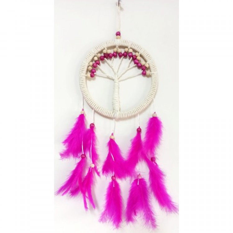 Fuchsia Bird Feathered Tree of Life Dream Catcher Wall Decoration