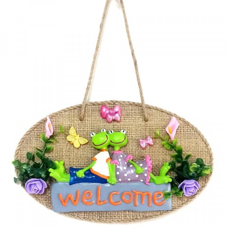 Green Cute Frog Couple Welcome Sign Butterfly Door Decoration