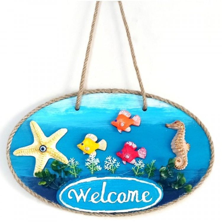Handmade Door Decoration with Fish, Sea Horse, and Starfish Motifs and "Welcome" Written on It