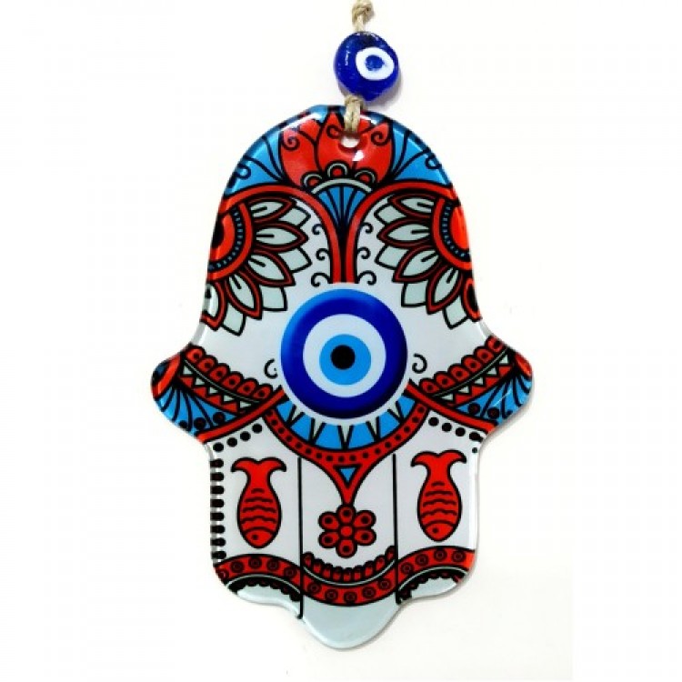 Red Fish Nazar Beaded Fatma Ana Blessing Hand Fused Glass Wall Decoration
