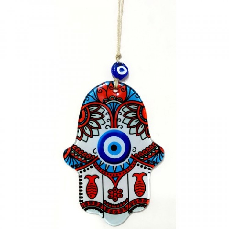 Red Fish Nazar Beaded Fatma Ana Blessing Hand Fused Glass Wall Decoration