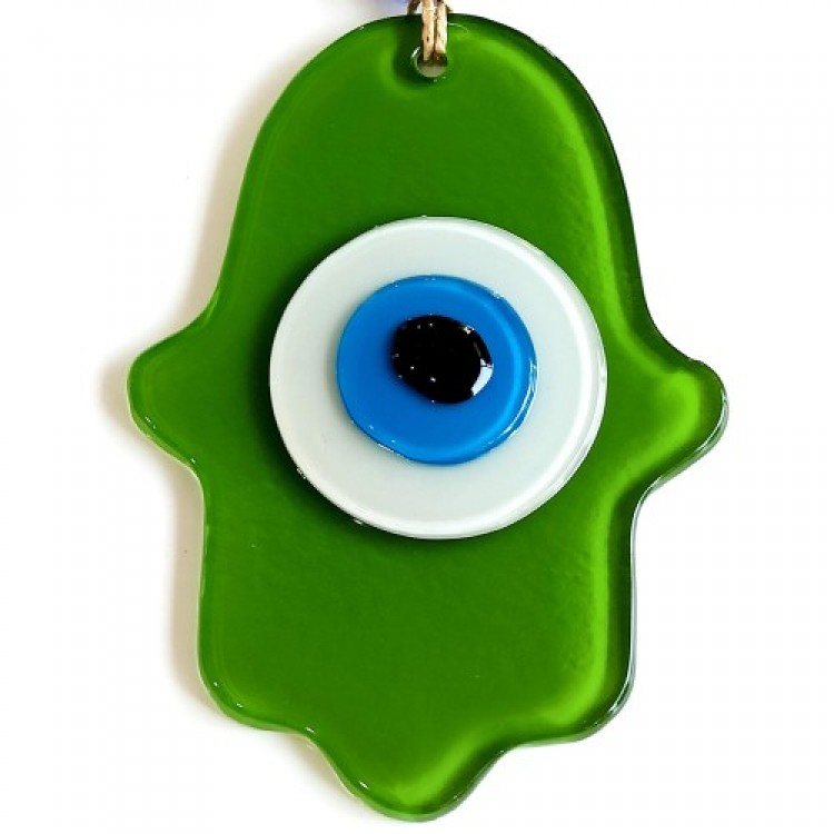 Fatma Ana Blessing Hand Glass Wall Decoration in Emerald Green with Evil Eye Beads Fatma Ana Blessing Hand Glass Wall Decoration in Emerald Green with Evil Eye Beads