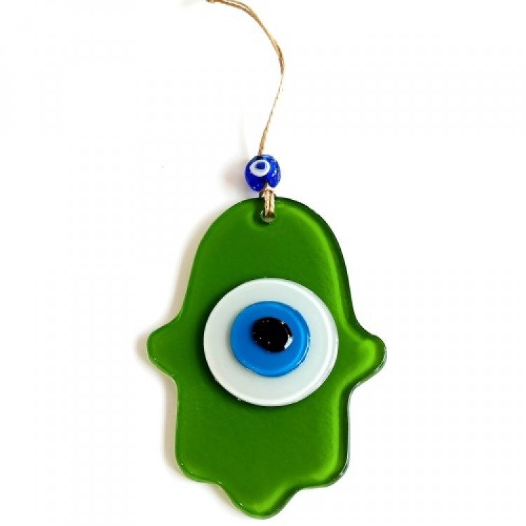 Fatma Ana Blessing Hand Glass Wall Decoration in Emerald Green with Evil Eye Beads