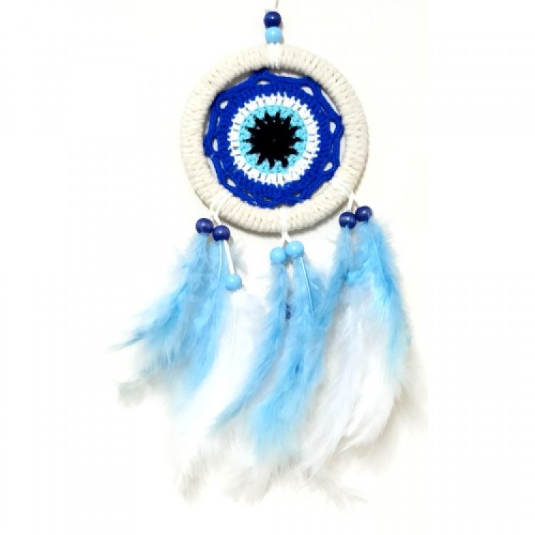 Baby Blue and White Feathered Dream Catcher Wall Decoration with Evil Eye Motif