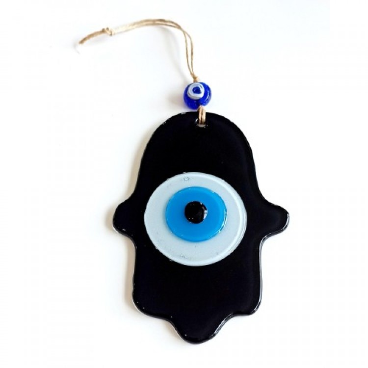 Black Fatma Ana Blessing Hand Glass Wall Decoration with Evil Eye Beads