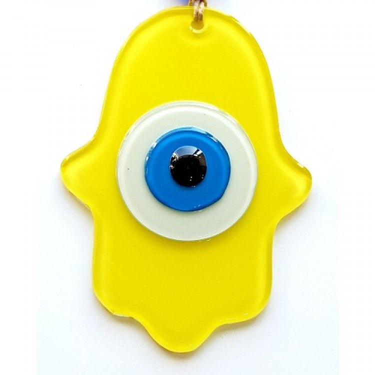Yellow Fatma Mother's Hand of Blessing Glass Wall Decoration with Evil Eye Beads