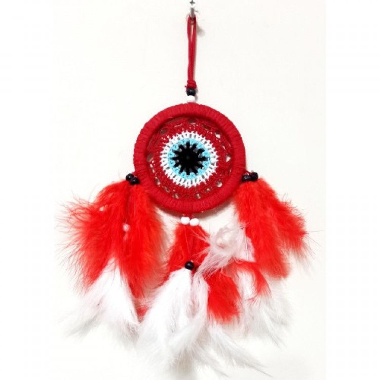 Red and White Feathered Dream Catcher Handmade Mini Wall Decoration