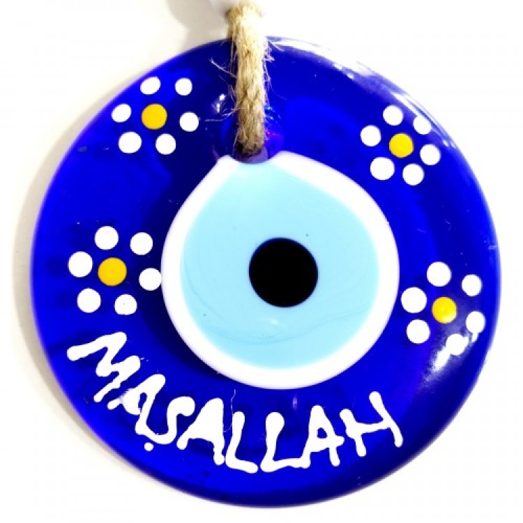 Mashallah Hand-Painted Wall Decoration with Daisy Pattern and Evil Eye Beads