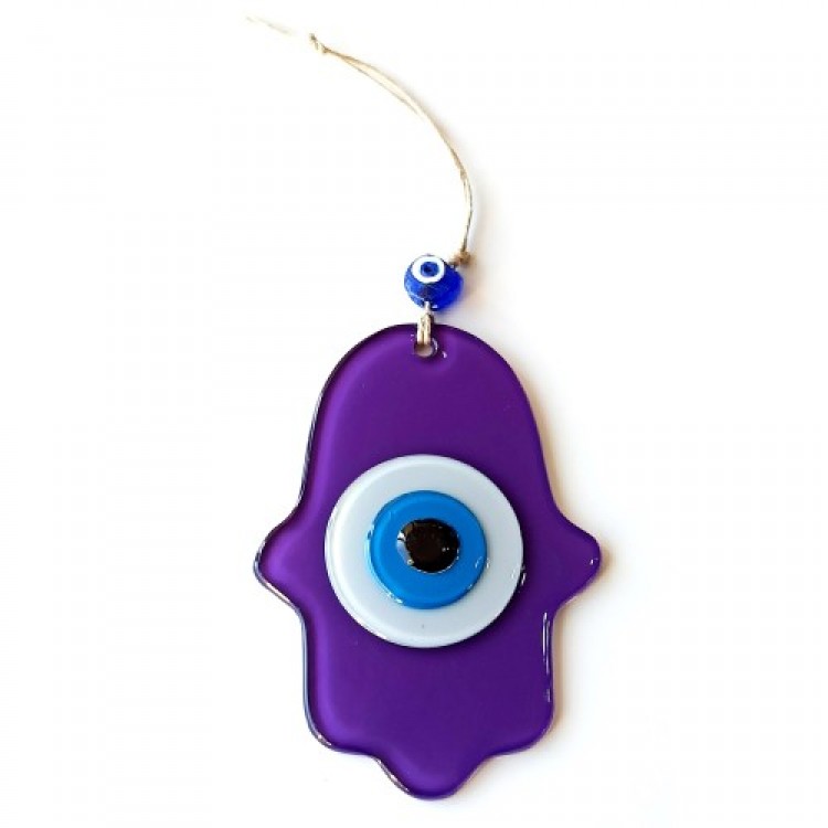 Evil Eye Beaded Purple Fatma Ana Blessing Hand Glass Wall Decoration