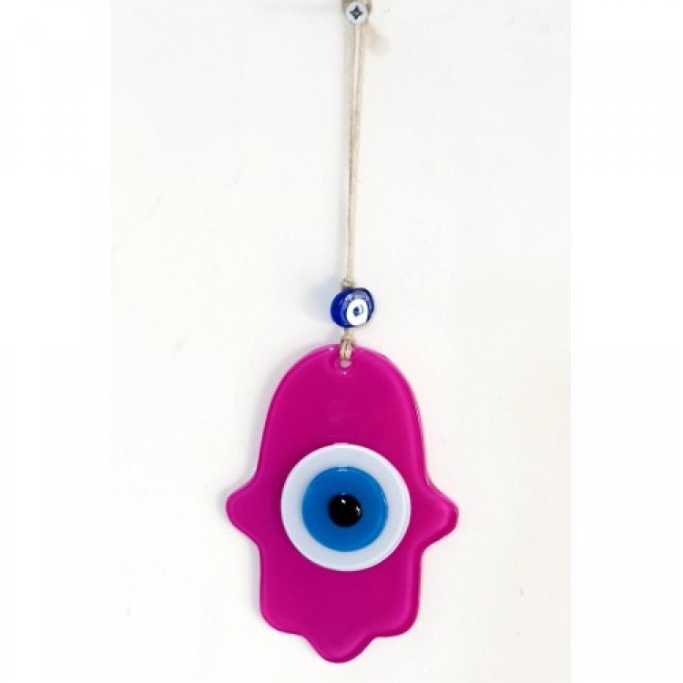 Fuchsia-Colored Nazar Bead Fatma Ana Blessing Hand Glass Wall Decoration