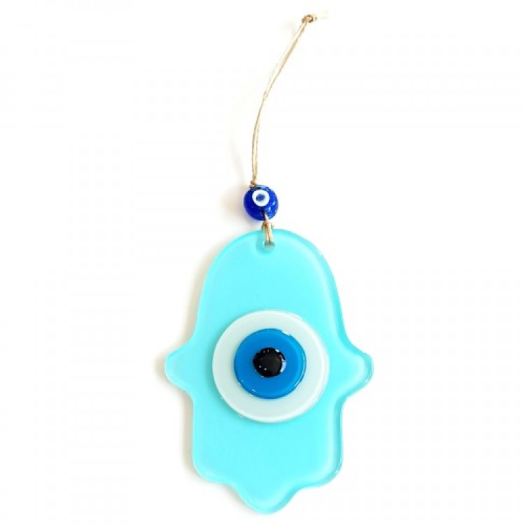 Turquoise Nazar Bead Fatma Ana Blessing Hand Glass Wall Decoration