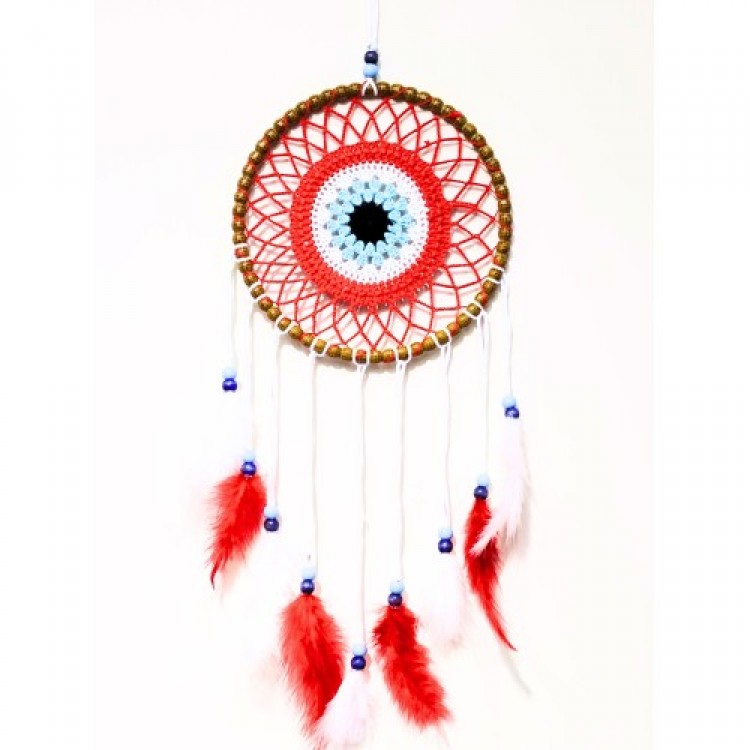 Handmade Red Wall Decoration with Evil Eye Motif Dream Catcher