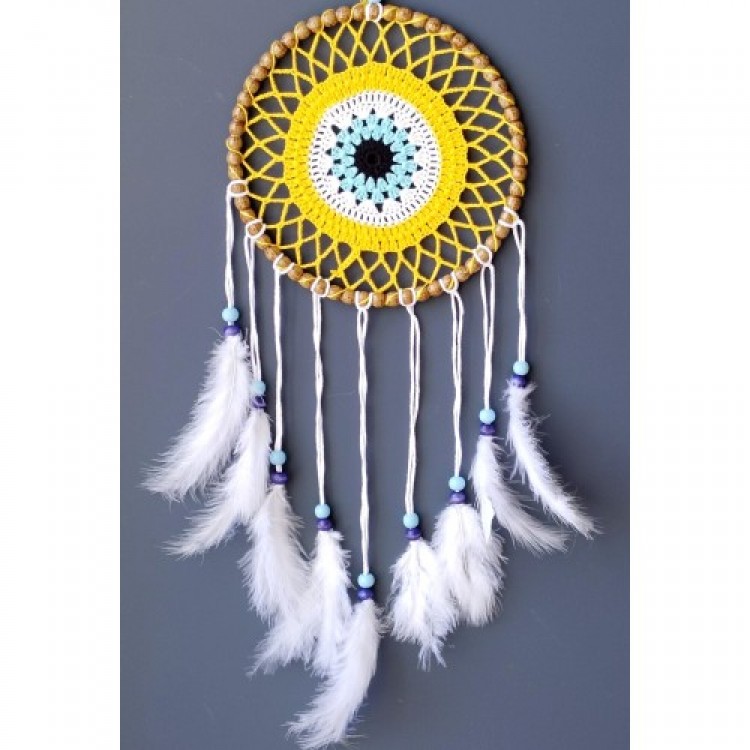 Handmade Yellow Wall Decoration with Evil Eye Motif Dream Catcher