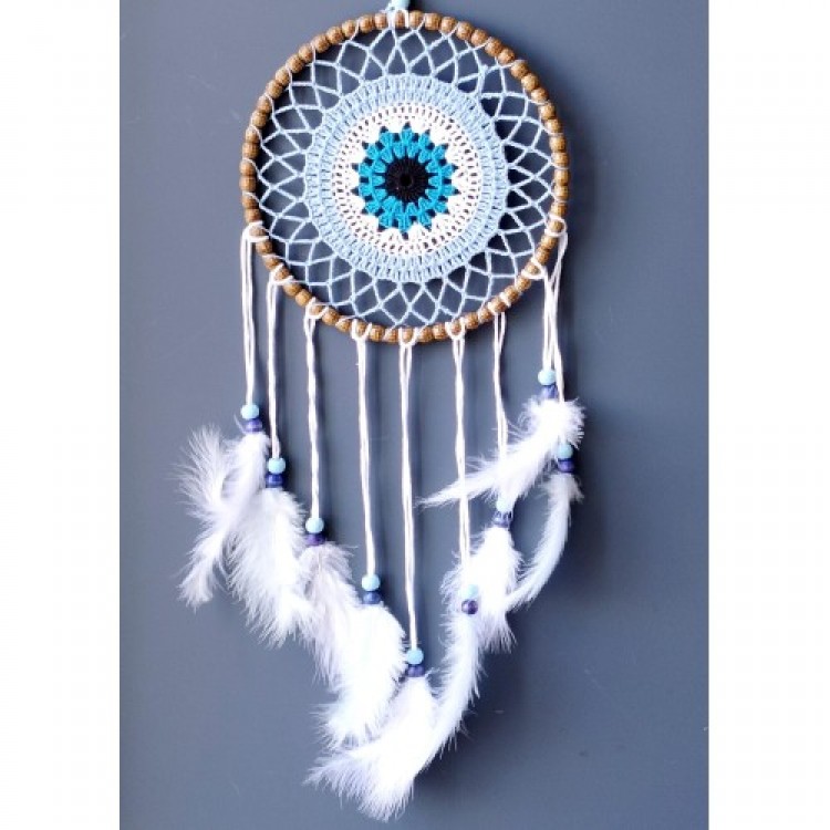 Handmade Dreamcatcher Wall Decoration in Ice Blue with Evil Eye Motif