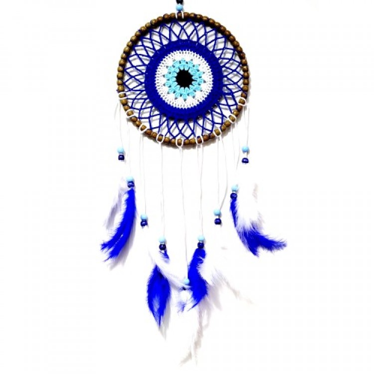 Handmade Dream Catcher Wall Decoration with Bird Feathers and Evil Eye Bead Design